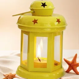 Decorative Hanging Tealight Candle Holder Lantern For Indoor outdoor Home Decoration/Special Occasion Decoration ,Table Top T-light Candle Holder, Corporate Gifts (9X9X15 CM) Yellow Yellow Iron Table Lantern-12