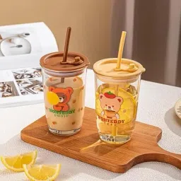 Glass Tumbler with Airtight Lid and Straw Pack of 1, Glass Set Water/Juice Glass-image-89