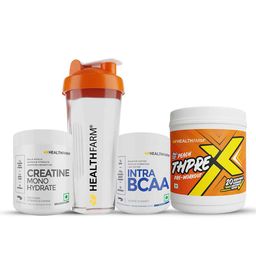 Healthfarm ThPreX 0.55lb with Creatine Monohydrate & Intra BCAA Combo,  0.22 lb  Peach, Unflavoured & Blue Raz (with Free Shaker) -30