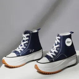 The Roadster Lifestyle Co. Women Navy Blue Comfort Insole Canvas High-Top Lace-Up Sneakers-image-40