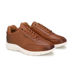 MONDAIN Men Tan Perforations Leather Sneakers-image-105
