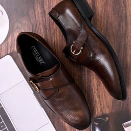 Cobblerz Men Textured Comfort Insole Leather Basics Monk Shoes With Buckles-1