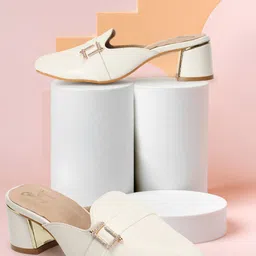 CHINRAAG Women Leather Block Heels Mules With Buckles-16