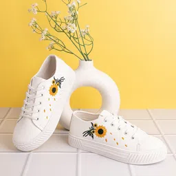DressBerry Women White & Yellow Embroidered Lightweight Sneakers-image-58