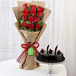12 Layered Red Roses Bouquet N Truffle Cake-17