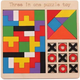 simestich 3-in-1 Wooden Puzzle Set for Kids - Tangram, Tetris & Tic Tac Toe Game image 2