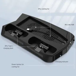 microware Vertical Stand with Cooling Fan for PS5 Console and Playstation 5 Digital Edition, Dual Controller Charging Station with 3 USB Hub for DualSense 5 Cooling Pad image 3