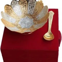 German Silver Golden Silver Single Lotus Bowl With Spoon 002 Handmade Gift Item For Home Decor Pink City Showpiece Aluminium, Nickel Decorative Platter (Multicolor, Pack of 2) Bowl, Spoon Serving Set-image-21