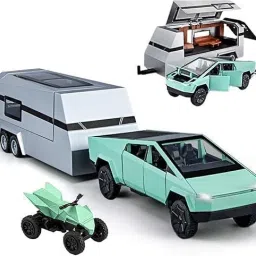 1:32 Tesla Cyber truck with Trailer, Diecast Metal Car with LED Lights for Kids-image-33