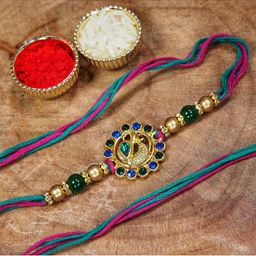 I Jewels Men Red & Teal Green Threaded & Designer Pearl Rakhi-image-8