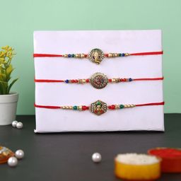 Aapno Rajasthan Set Of 3 Ganesha & Om Stone Studded & Beaded Rakhis With Roli Chawal-0