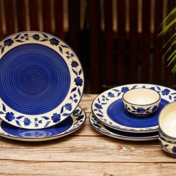 Pack of 8 Ceramic Blue Bell Design 4 Dinner Plate, 4 Katori Bowl Microwave & Dishwasher Safe Dinner Set-7