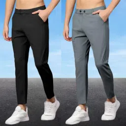 Pack of 2 Men Slim Fit Black, Grey Lycra Blend Trousers-image-54
