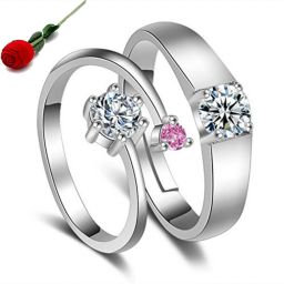 Beautiful Elements Silver Plated Adjustable Couple Rings Stainless Steel Cubic Zirconia Silver Plated Ring Set-image-43
