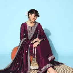 SheWill Women Burgundy Yoke Design Thread Work Kurta with Palazzos & With Dupatta-picture-28