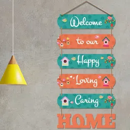ArtVibes Green & Orange Wooden Welcome Home Quote Printed Wall Hanging-5