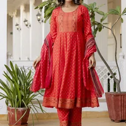 Anouk Red Floral Printed Pure Cotton Anarkali Kurta With Palazzos & Dupatta-4