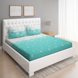 ROMEE Turquoise Blue & White Floral 144 TC Microfiber Queen Bedsheet with 2 Pillow Covers-image-7