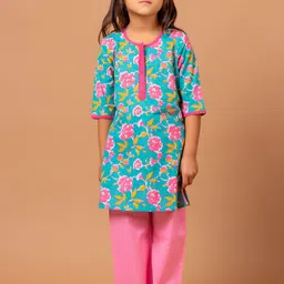 Sangria Naheed Girls Floral Jaal Printed Pure Cotton Kurta With Trouser Set-picture-46