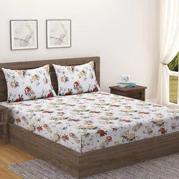 SWAYAM White & Brown Floral 200 TC King Bedsheet with 2 Pillow Covers-image-96
