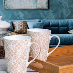 GOODHOMES 2 Pieces White & Beige Printed Bone China Glossy Coffee Mugs - 360 ML Each-image-57