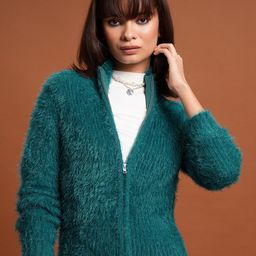 Tokyo Talkies Teal Self Design Mock Collar Acrylic Cardigan Sweater-8