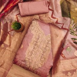 MANVAA Ethnic Motifs Woven Design Stone Work Organza Unstitched Dress Material-image-29