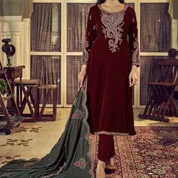 Clora Creation Paisley Embroidered Zari Velvet Unstitched Dress Material-image-22