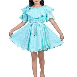 Nottie Planet Girls Turquoise Blue & Silver-Coloured Polka Dots Ruffles Dress-picture-52