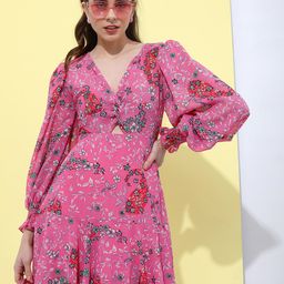 Tokyo Talkies Floral Printed V-Neck Puff Sleeves Cut-Outs Fit & Flare Dress-picture-36