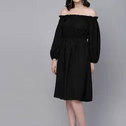 Style Quotient Black Off-Shoulder Puff Sleeve Fit & Flare Midi Dress-image-97
