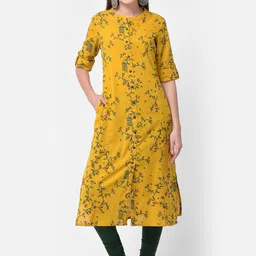 Pistaa Women Mustard Yellow Floral Printed Mirror Work Floral Kurta-39