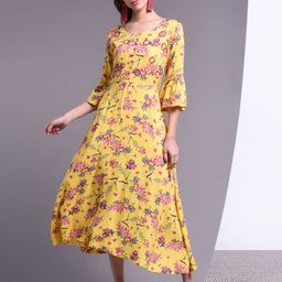 DORIYA Women Yellow Floral Printed Mirror Work Floral Kurta-picture-19