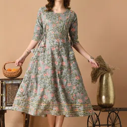 KALINI Women Ethnic Motifs Printed Thread Work Floral Kurta-picture-15