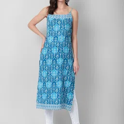 Haute and Humble Ethnic Printed Shoulder Strapped Scoop Neck Pure Cotton Straight Kurta-image-62