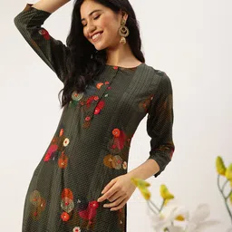 SHOWOFF Women Olive Green Floral Embroidered Thread Work Floral Kurta-11
