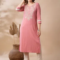 Globus Sequinned & Floral Embroidered Yoke Structured Fabric Straight Workwear Kurta-image-72