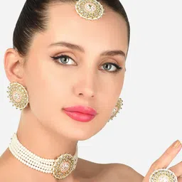 Zaveri Pearls Gold-Plated & Peach Pearls Meenakari Multistrand Crystal Necklace Set-image-66