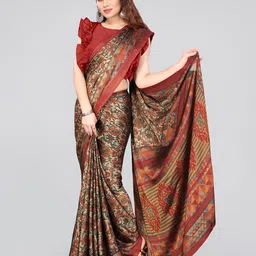 MIRCHI FASHION Maroon & Beige Floral Poly Chiffon Saree-image-30