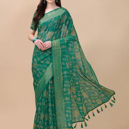 Mitera Green & Beige Floral Printed Saree-image-18