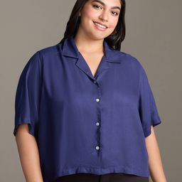 20Dresses Plus Size Blue Cuban Collar Short Sleeves Crop Casual Shirt-picture-37