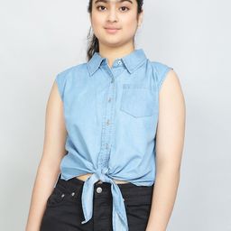VYN Girls Shirt Collar Sleeveless Waist Tie-Ups Denim Cotton Shirt Style Top-picture-20