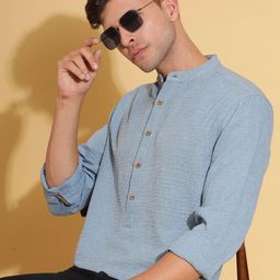 HERE&NOW Band Collar Cuffed Sleeves Cotton Straight Short Kurta-picture-29