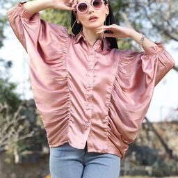 plusS Pink Spread Collar Kimono Sleeves Opaque Casual Shirt-image-1