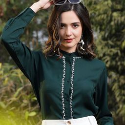 plusS Band Collar Beads Work Casual Shirt-image-62