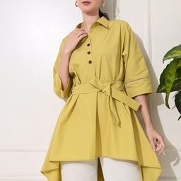 YELLOW PARROT Women Solid Three-Quarter Sleeves Cotton Top-image-87