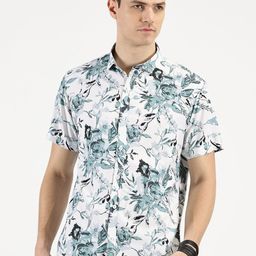 RAVINIK Men Classic Spread Collar Floral Printed Cotton Casual Shirt-image-77