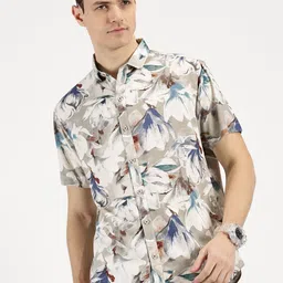 RAVINIK Men Classic Spread Collar Floral Printed Cotton Casual Shirt-picture-18