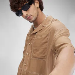 VASTRADO Men Khaki Double Pocket Oversized Cropped Shirt-image-13