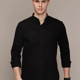 French Connection Men Premium Band Collar Solid Cotton Slim Fit Casual Shirt-image-99